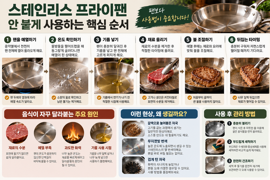 스테인리스 프라이팬 예열부터 세척까지 올바른 사용법과 관리 순서
