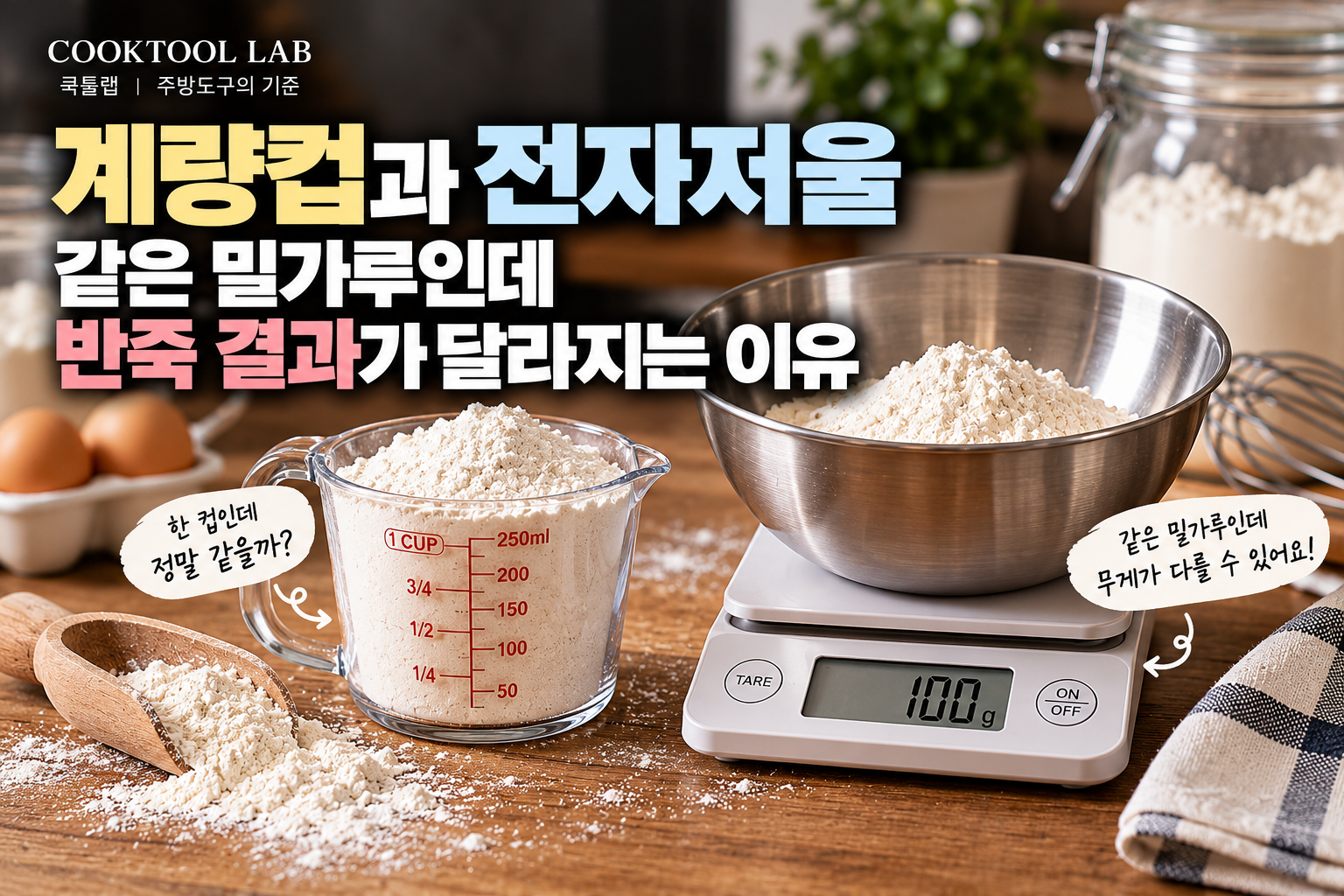 밀가루가 담긴 유리 계량컵과 디지털 전자저울 위의 밀가루를 비교하는 베이킹 작업 장면