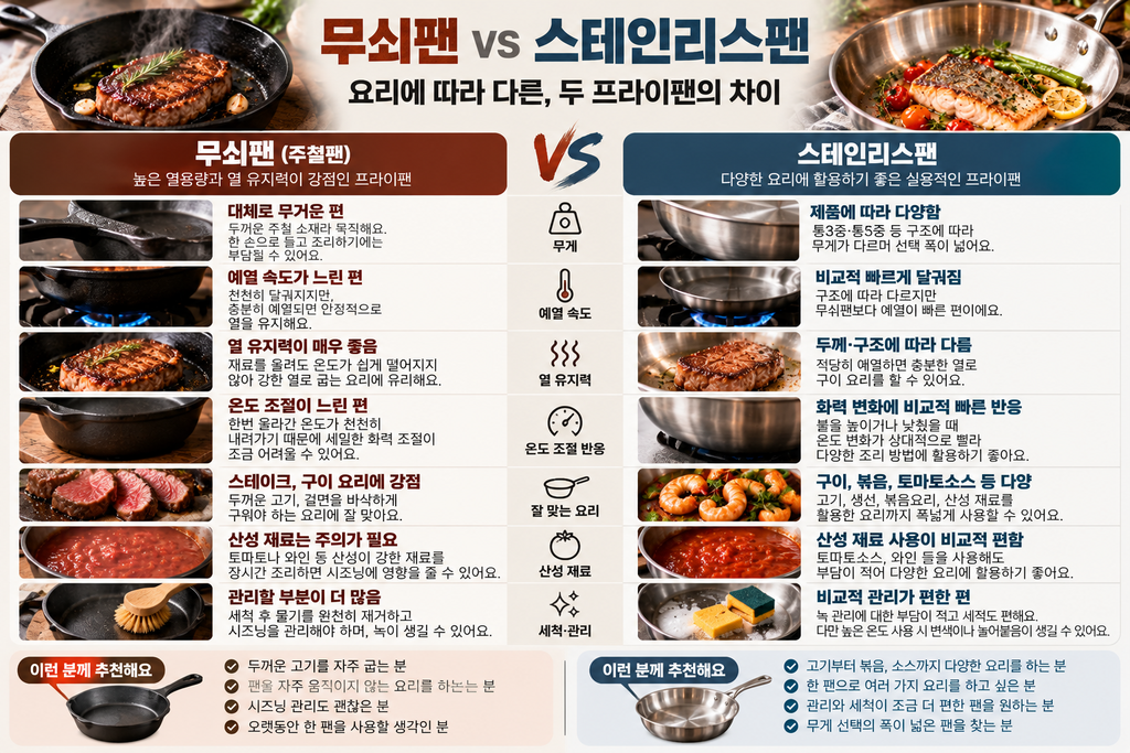 무쇠팬과 스테인리스팬 무게 열 유지력 요리 관리 차이 비교