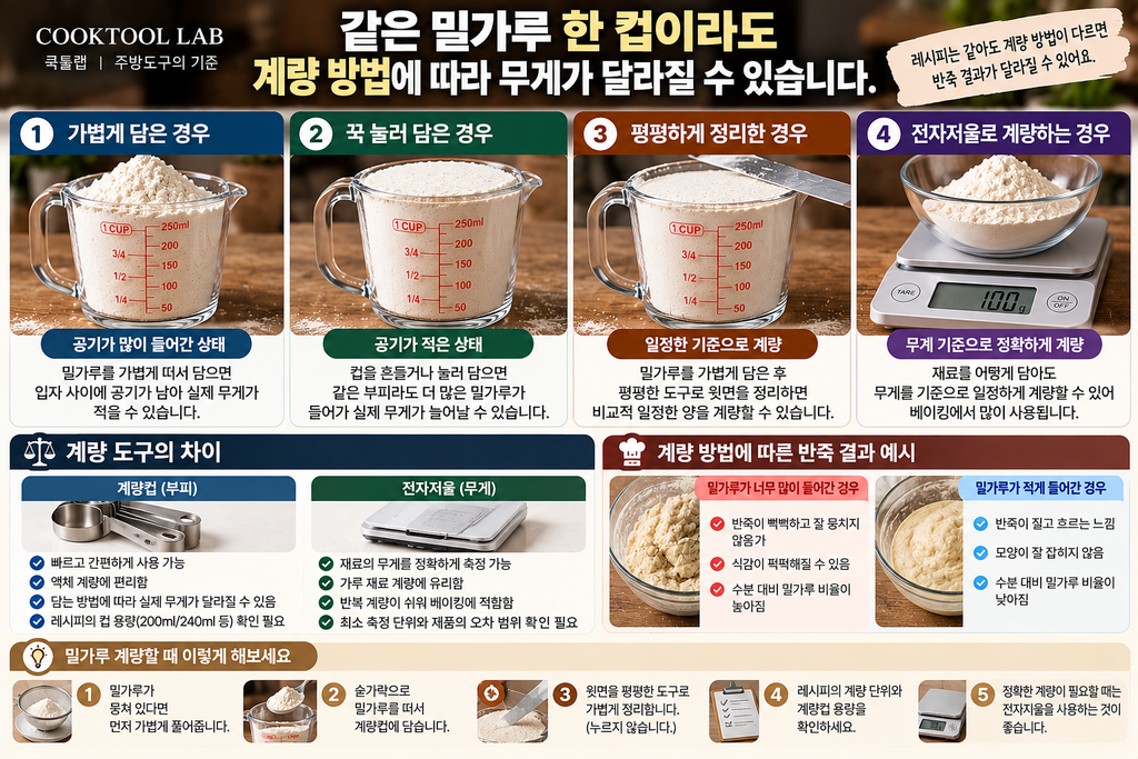 밀가루를 계량컵에 가볍게 담거나 눌러 담았을 때의 차이와 전자저울을 이용한 무게 계량 방법을 비교한 인포그래픽