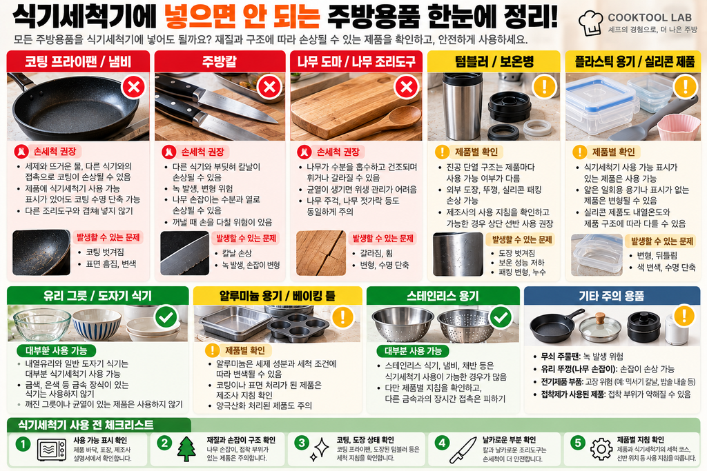 식기세척기에 넣으면 안 되는 주방용품과 사용 시 주의할 제품을 비교한 인포그래픽으로, 코팅 프라이팬, 주방칼, 나무 도마, 텀블러, 플라스틱 용기 등의 세척 기준을 설명