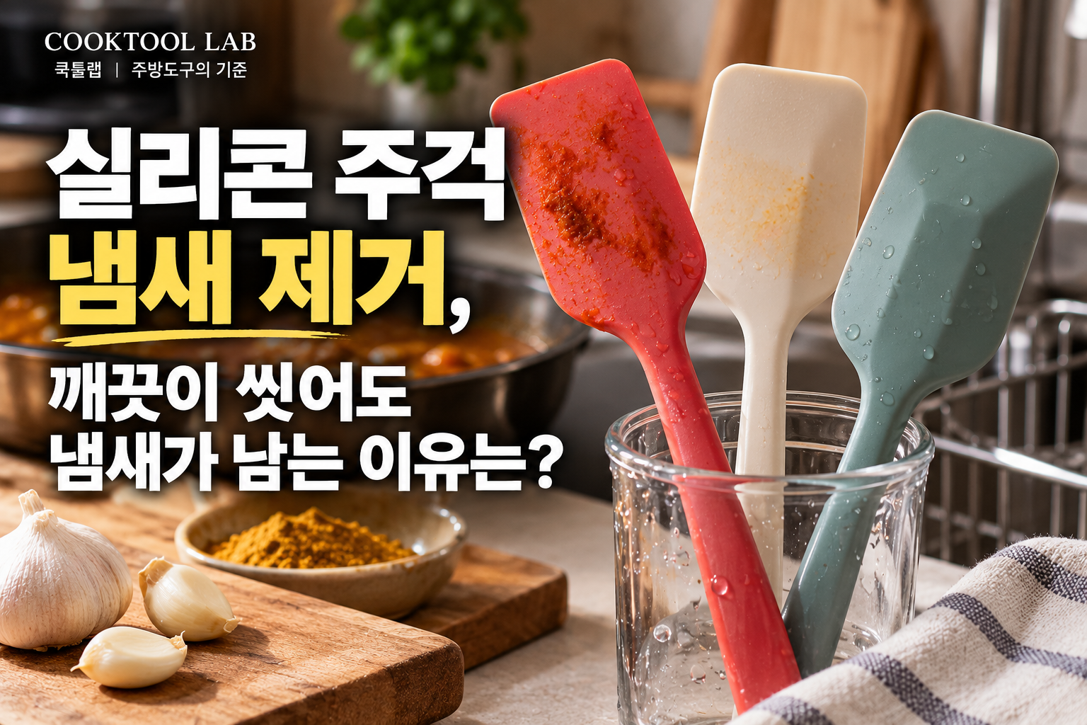 실리콘 주걱 냄새 제거 방법을 설명하는 이미지, 음식 양념이 묻은 실리콘 주걱과 마늘, 카레 가루