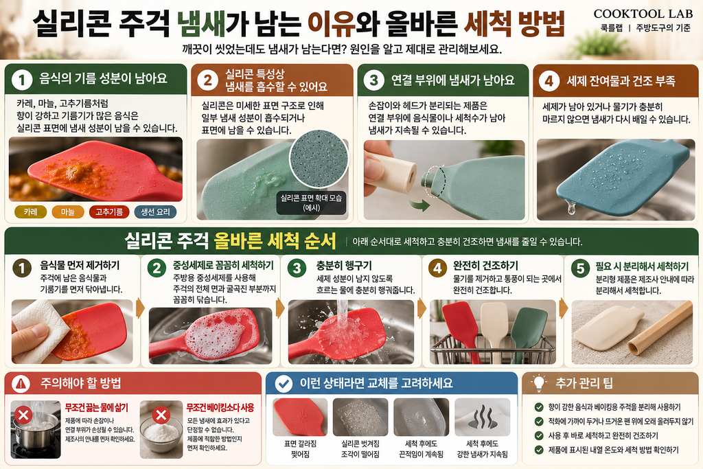 실리콘 주걱 냄새가 남는 원인 4가지와 중성세제 세척, 헹굼, 건조 등 올바른 관리 방법을 정리한 인포그래픽