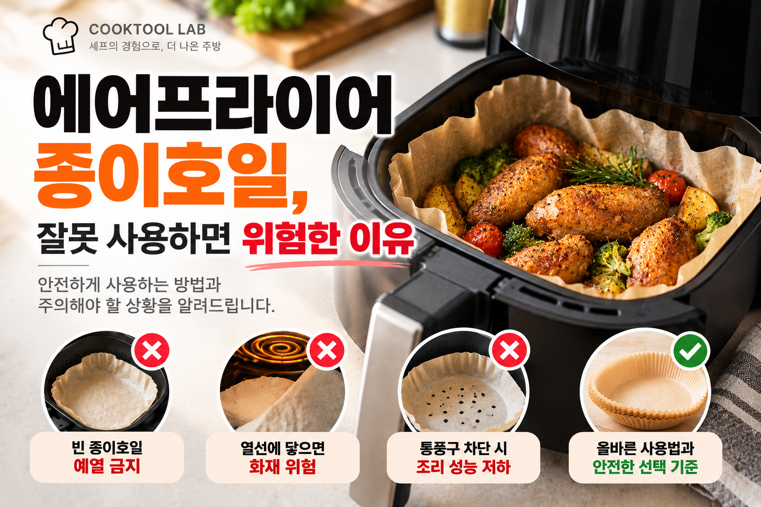 종이호일을 깐 에어프라이어에 닭고기와 채소를 조리한 모습과 종이호일 예열, 열선 접촉, 통풍구 차단 시 주의사항
