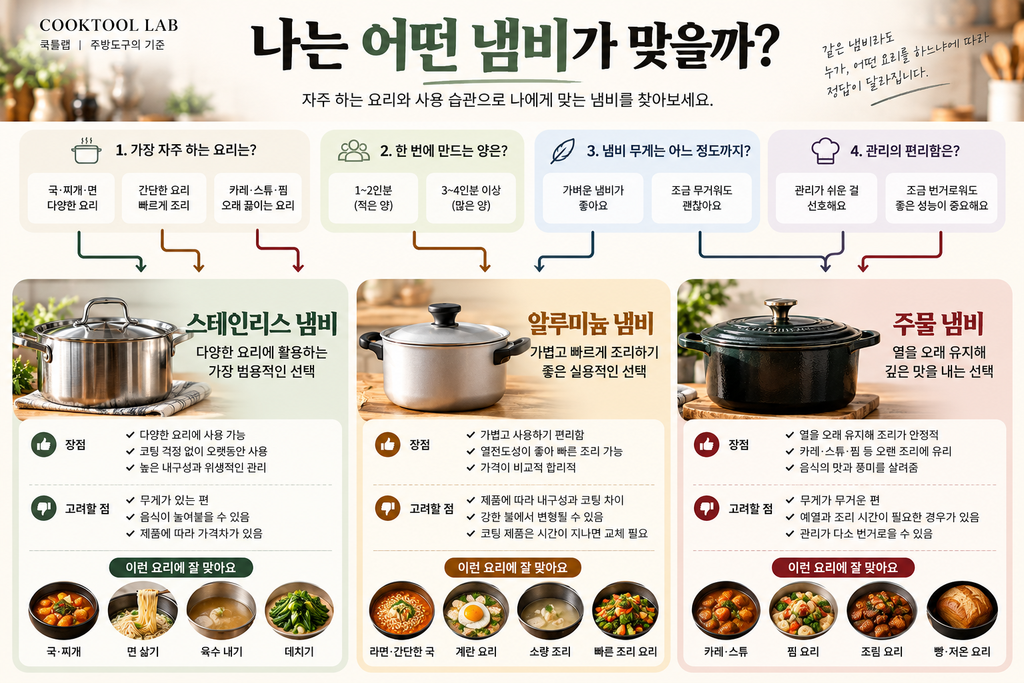스테인리스 알루미늄 주물 냄비 재질별 선택 비교