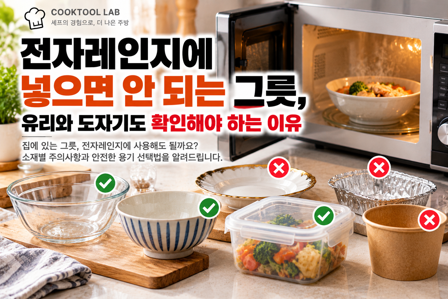 전자레인지 앞에 놓인 유리, 도자기, 플라스틱, 금속 용기를 비교하고 전자레인지 사용 가능 여부를 확인하도록 안내하는 대표이미지