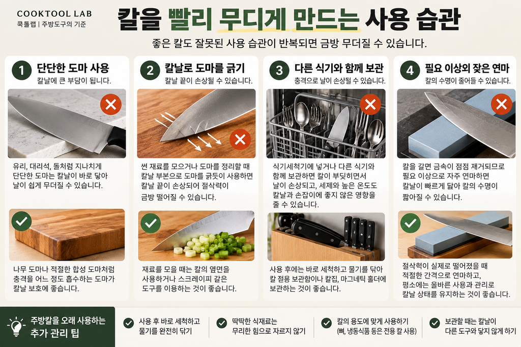 주방칼을 빨리 무디게 만드는 사용 습관과 올바른 칼 관리 방법