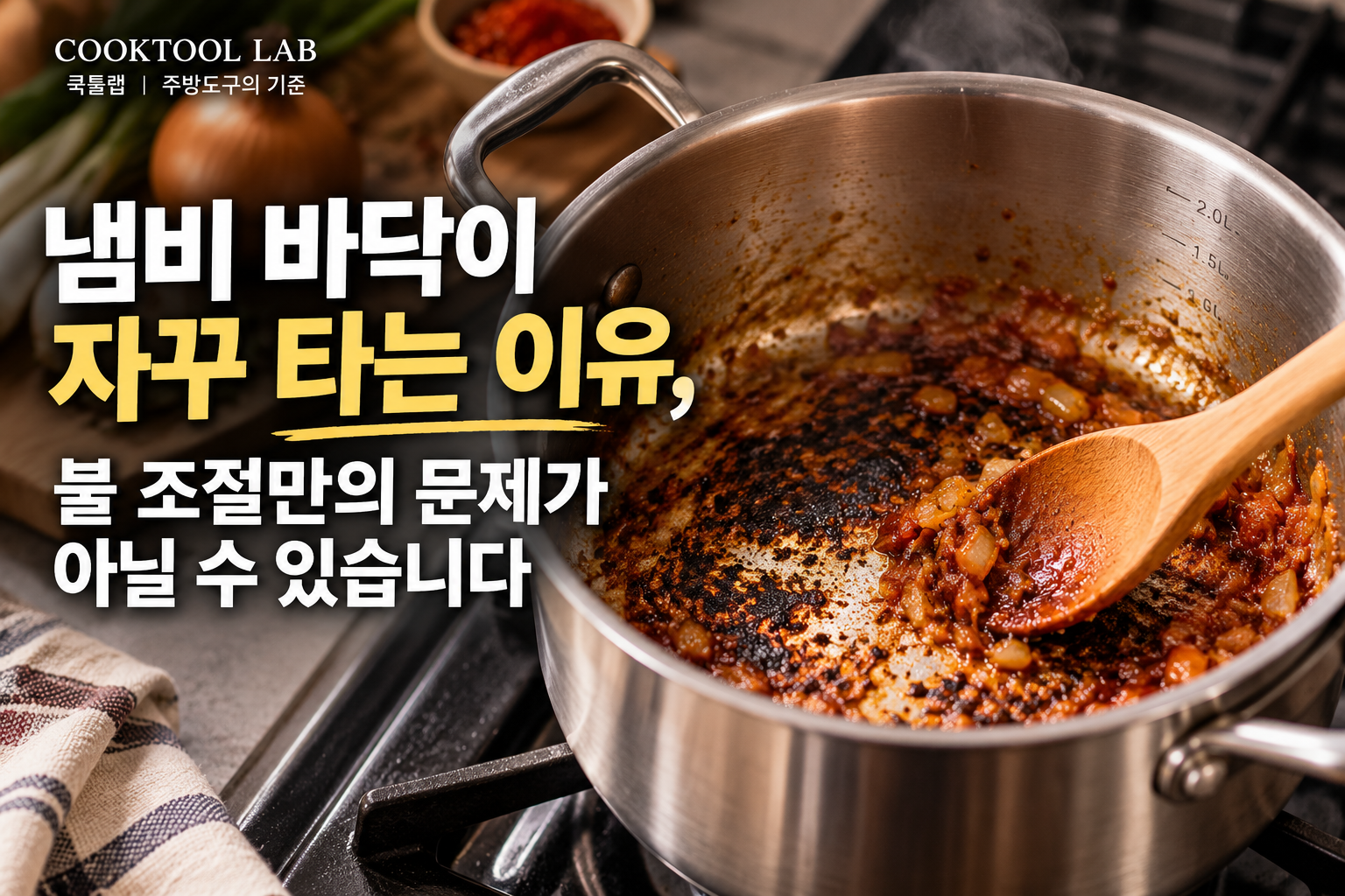 냄비 바닥이 자꾸 타는 이유와 원인을 보여주는 스테인리스 냄비